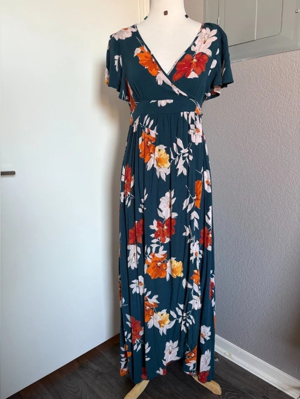 Dark Teal Floral Maxi Dress with Orange & White Blooms